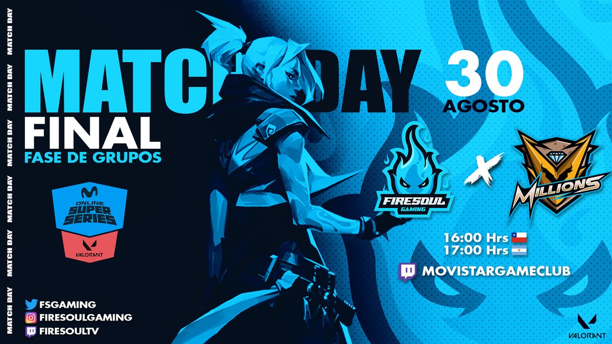 fsgamingcl's tweet photo. ⚔️ FINAL FASE DE GRUPOS ⚔️

¡Nos enfrentamos contra @millionsgamingg! 

⏰ 16:00 Hrs 🇨🇱
⏰ 17:00 Hrs 🇦🇷

El match será transmitido por @MovistarGC

📺 https://t.co/RKuC1KBvuU

¡Mucho éxito en este encuentro muchachos!

#GoFiresoul https://t.co/HavSuQoCf8