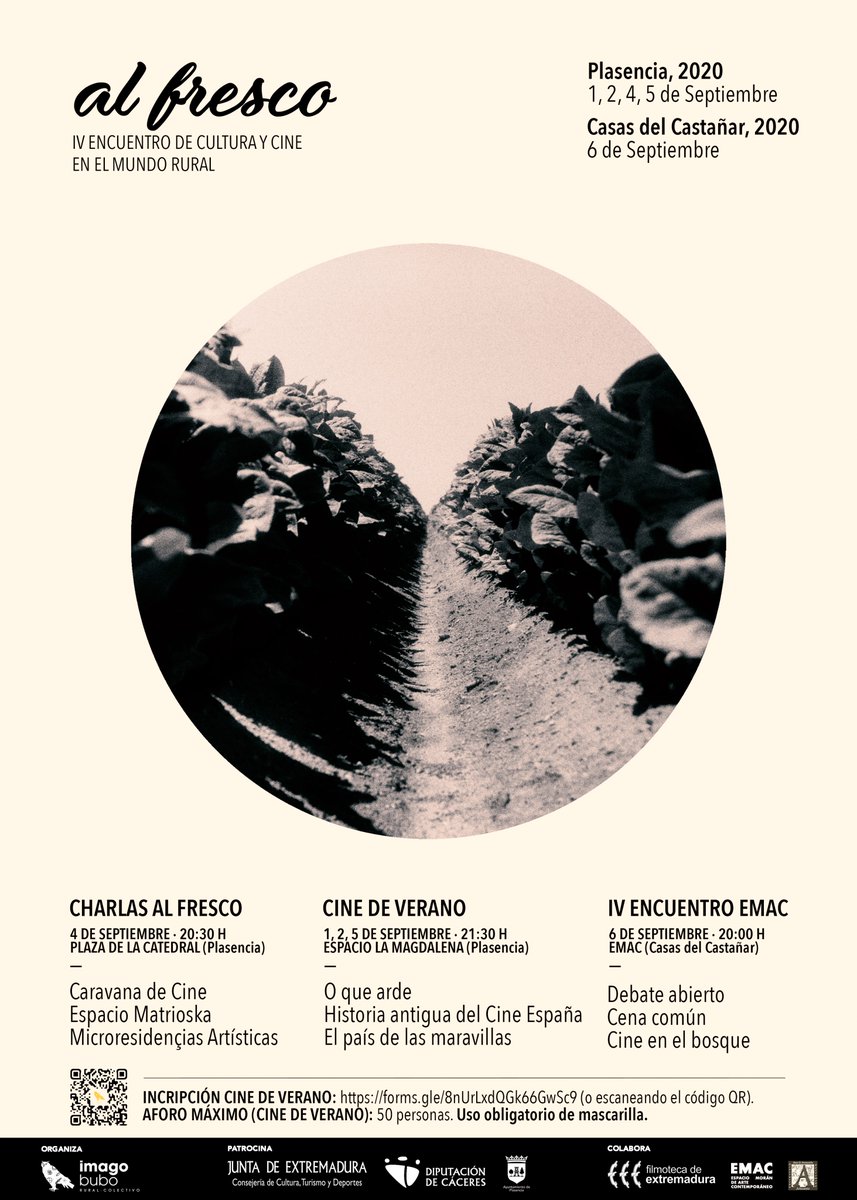 #Alfresco llega en su cuarta edición. La edición más atípica, con sus aforos y sus distancias, pero con las mismas ganas de otros años de seguir hablando de cultura y mundo rural.

+ info: imagobubo.org/al-fresco-iv/