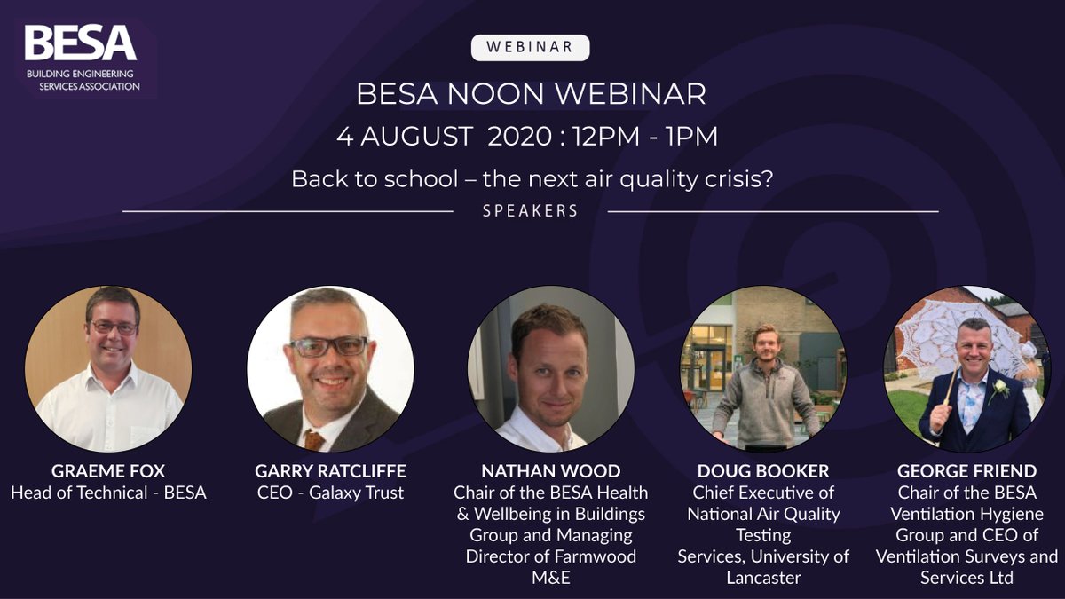 Time is running out to register for today's BESA Noon Webinar - Hosted by @GraemeFoxREFCOM 

Indoor air quality is now a top priority for every school. We discuss ‘no cost and low cost’ options for cash-strapped schools.

Register: ow.ly/ig8050AOZMu