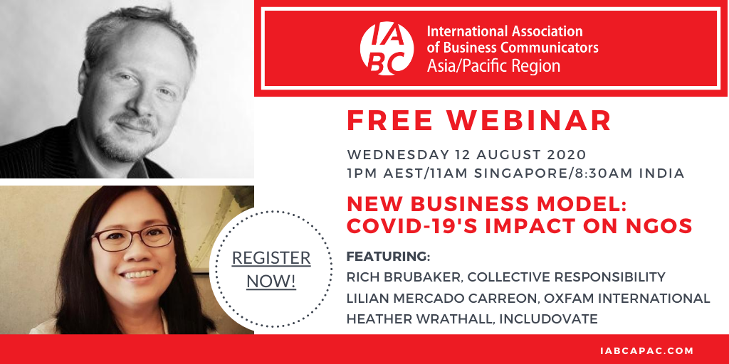 Have you signed up to our August #webinar - New business model: COVID-19’s impact on NGOs?

Coming up on 12 August at 1pm AEST/11am Singapore/8:30am India this event features some of the region's leading experts in the NGO sector. Register via bit.ly/3hLHLKU #IABCAPAC