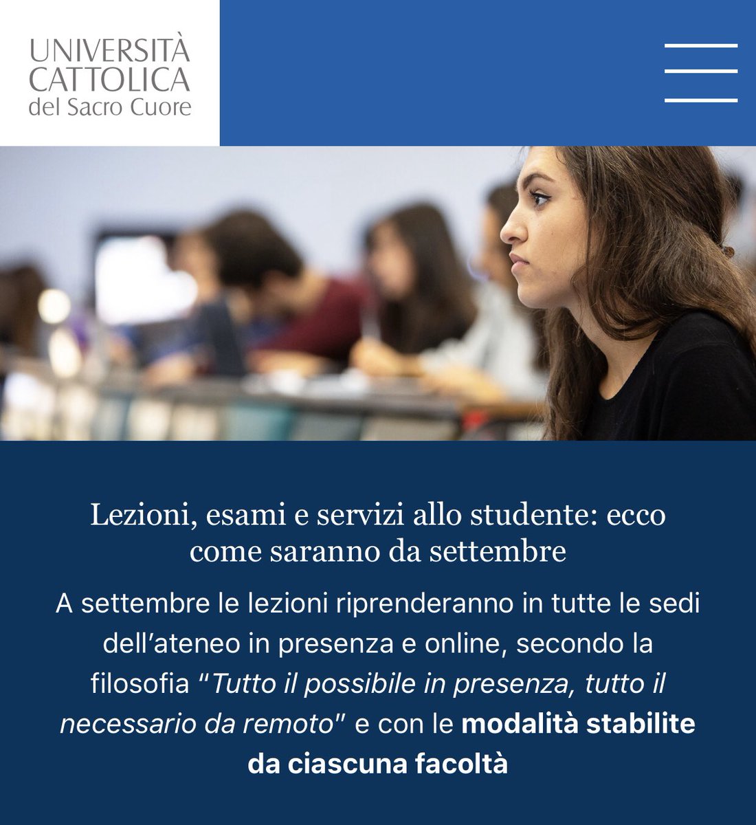 Gli studenti potranno tornare in aula con un sistema di didattica mista, in presenza e a distanza e, se necessario, con turnazioni per rispettare il distanziamento sociale. Tutto quello che bisogna sapere per iniziare al meglio il nuovo anno accademico 

unicatt.it/ecatt-lezioni-…