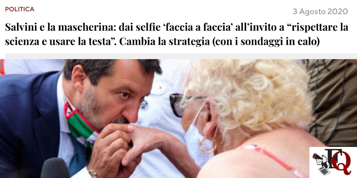 Abbiamo imparato a conoscere Salvini. Quando il sondaggio gli dice di togliersi la mascherina per acquistare consensi se la toglie, quando gli dice che deve mettersela allora se la mette. 0 interesse per la salute dei cittadini conta solo la rincorsa dei voti #IoMettoLaMascherina