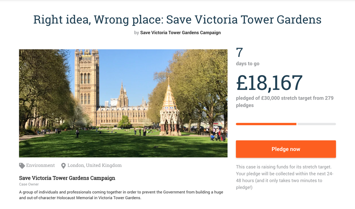 Thank you thank you to all those generous people who are helping us stop Govmt from buildng disastrous vanity project in middle of Victoria Tower Gdns. It is David and Goliath: we need your help! Judicial Review in Sept &amp; Public Inquiry in Oct. Plse donate crowdjustice.com/case/save-vict…