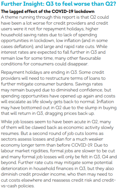 etmanalytics's tweet photo. "Repayment holidays are ending in Q3. Some credit providers will need to restructure terms of loans to further mitigate consumer burdens." "...costs
will escalate as life slowly gets back to normal." https://t.co/Zo3fkQ2fpV