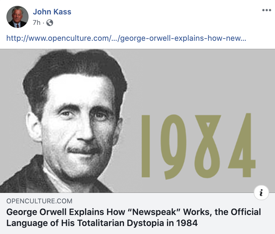 greenfieldjohn's tweet photo. Funny that Trump enabler #JohnKass is sharing this Jan. 2017 article about "Newspeak" from "1984."
The piece notes that sales of "1984" skyrocketed after Kellyanne Conway coined the euphemism "alternative facts" to defend Sean Spicer's lies about Trump inauguration attendance. https://t.co/2Um22AlpPI