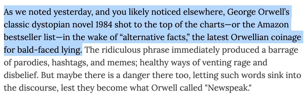 greenfieldjohn's tweet photo. Funny that Trump enabler #JohnKass is sharing this Jan. 2017 article about "Newspeak" from "1984."
The piece notes that sales of "1984" skyrocketed after Kellyanne Conway coined the euphemism "alternative facts" to defend Sean Spicer's lies about Trump inauguration attendance. https://t.co/2Um22AlpPI