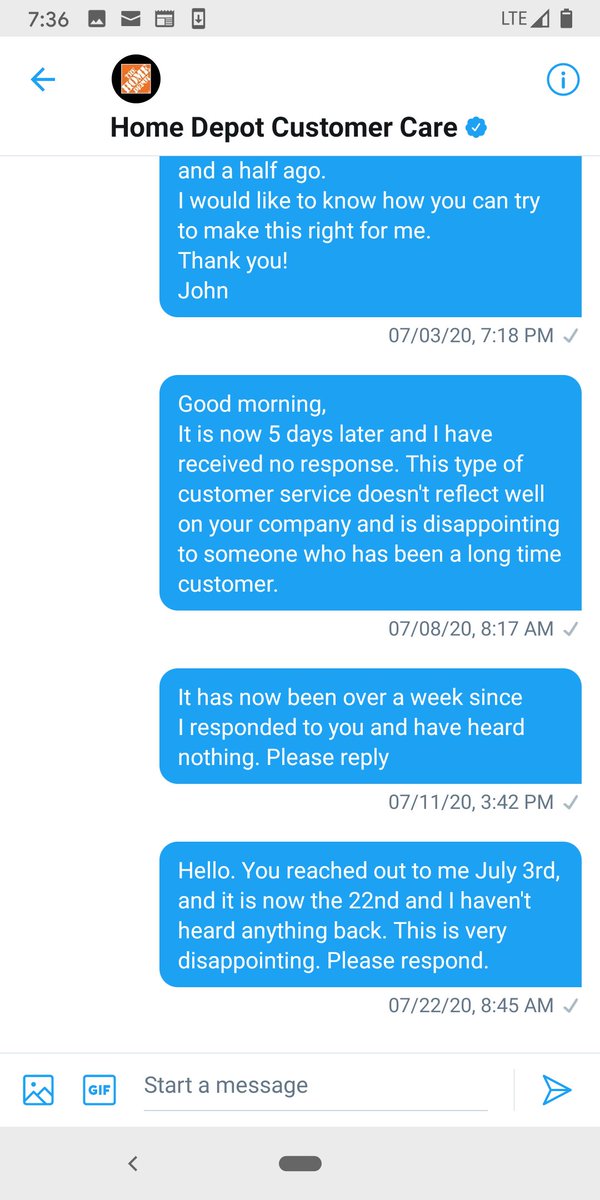 JohnHolgrimson's tweet photo. @HomeDepot it has been over a month since I first received a reply but no further communication. Very disappointing customer service from such a well known brand. Please reply and help me understand where we go from here. https://t.co/HUUtpHVI4C
