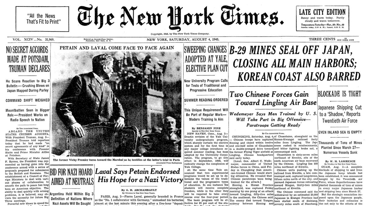 Aug. 4, 1945: B-29 Mines Seal Off Japan, Closing All Main Harbors; Korean Coast Also Barred  https://nyti.ms/31aIYEQ 