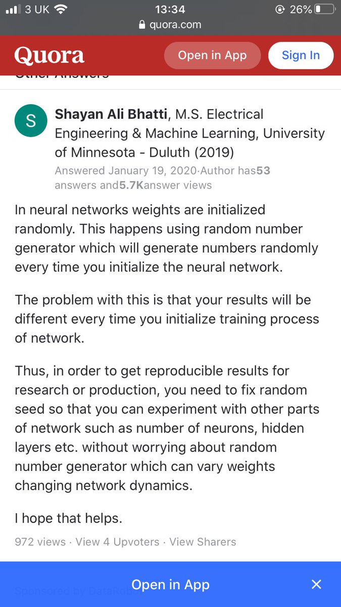iamvob's tweet photo. The solution to my randomised results is fixing the random seed. A neural network reassigns different sample weights every time it runs. If I set random seed = 1, this sets my weights at a constant value 🤯#fascinating #NeuralNetworks #100DaysOfCode #ML https://t.co/Ol6Ebe10rh