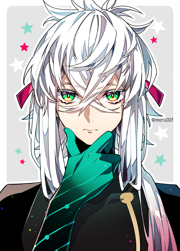 1boy male focus solo white hair looking at viewer long hair green eyes  illustration images