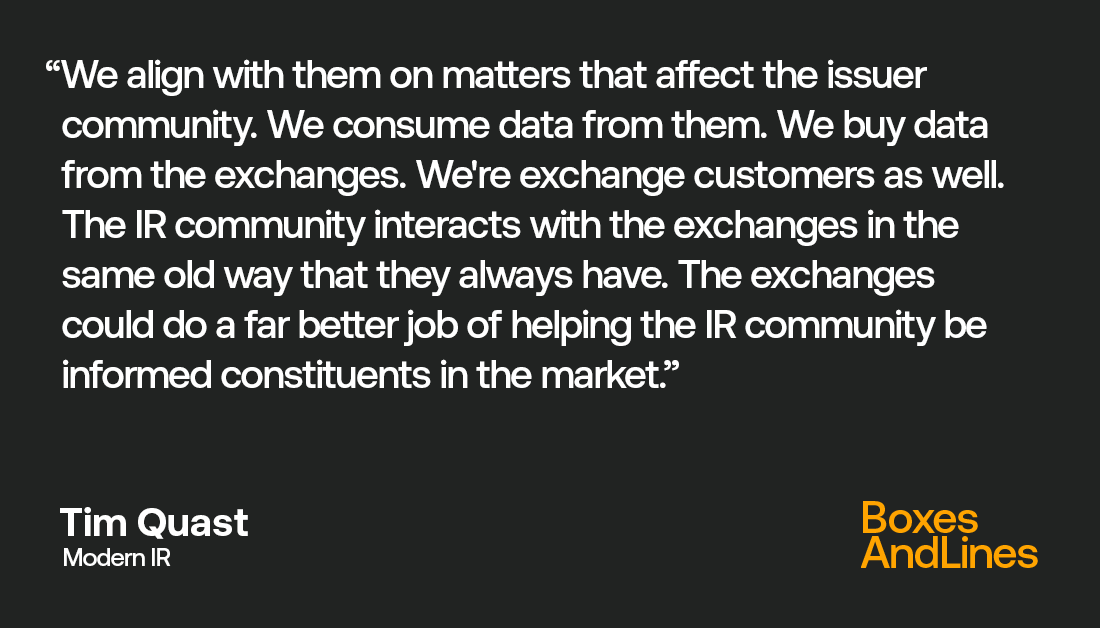 IEX's tweet photo. On the latest episode of #BoxesAndLines, @_TimQuast of Modern IR sheds light on how IRs interact with stock exchanges, and what he sees as potential areas for improvement. Tune in: https://t.co/HDf9O9bzF1 https://t.co/yV7NKBGis0