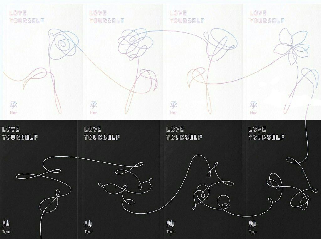 Now, many ARMYs probably already know this, but we can see the Smeraldo flower on the album covers of the LY Her and LY tear albums when connected together. Specifically, what we're seeing here is essentially "the flower card".