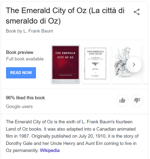correlates to the Italian title of the 6th Wizard of Oz book (La città di Smeraldo di Oz) in L. Frank Baum's fourteen Land of Oz books.