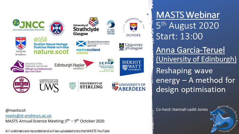 Join MASTS tomorrow for a webinar with Anna Garcia-Teruel (@anna_agt - @EdinburghUni) about #waveenergy and how device designs can be improved with #optimisation 🌊 🔸Sign up here: zoom.us/webinar/regist… and find out more about #RenewableEnergy #Engineering and #Design 💦