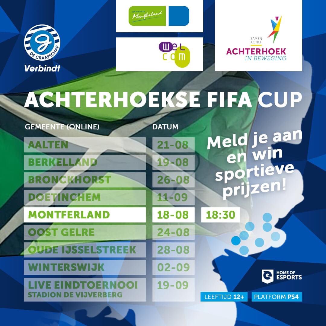 ACHTERHOEKSE FIFA-CUP MONTFERLAND
Kom jij uit Montferland? Ben je 12 jaar of ouder? En hou je van FIFA! Meld je dan voor het de Montferlandse FIFA-Cup.

Kijk op iedereenwelcom.nl/agenda/achterh… om je aan te melden.

#iedereenwelcom #HomeofEsports