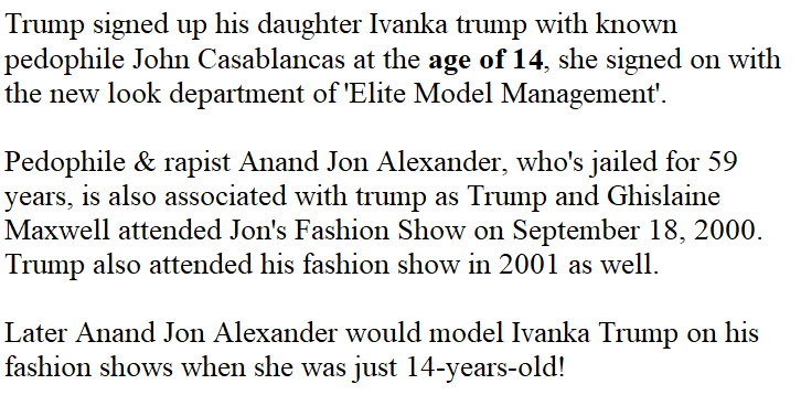 13. (1/6) Now to the tragic childhood of Ivanka. She was basically thrown to known pedophiles by her parents, as a kid! It's also highly possible that trump used her as a pawn for political & financial gain. Casablancas modelling career, https://www.refinery29.com/en-us/2019/10/8648365/ivanka-trump-career-job-history