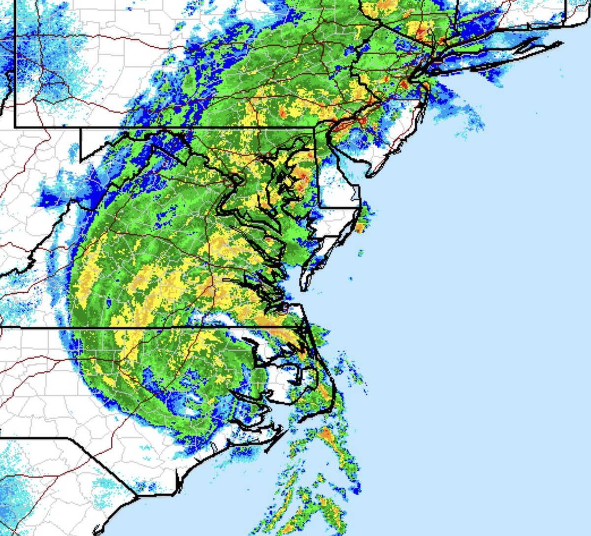 Accuron's tweet image. #Isais is now centered over North Carolina and the large band of wet weather will cover our area most of today as it heads northward and weakens. Watch for thunderstorms and tropical storm conditions.