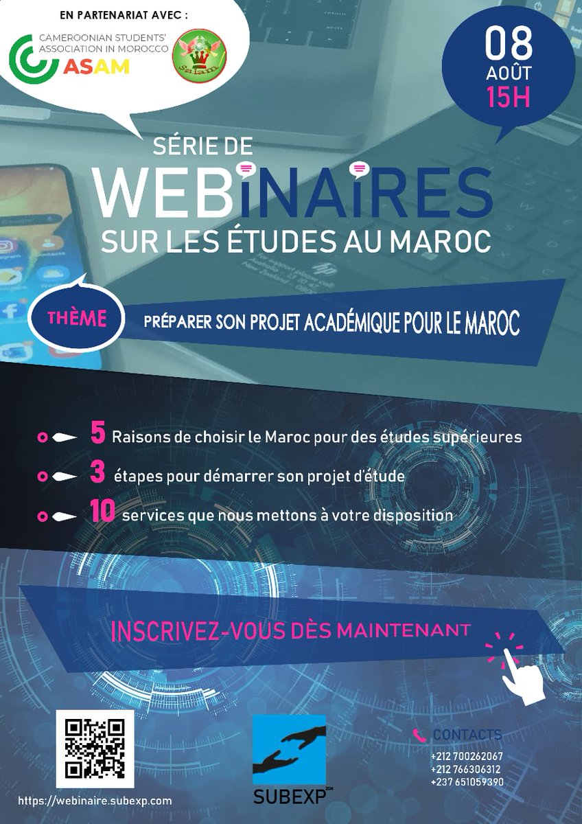 CasamNat's tweet photo. A partir de ce samedi 08 août 2020 à 15H, une série de webinaires sur les études au Maroc sera organisée par #SUBEXP en partenariat avec la #CASAM et la #SALAM sur le thème : préparer son projet académique pour le Maroc.
Inscription sous le lien:🔽🔽
 https://t.co/eu2GUlT4yE https://t.co/gdqA4U8nvL
