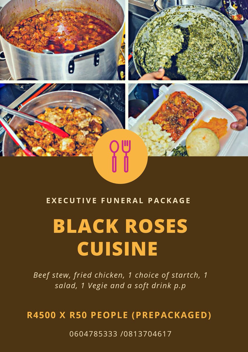 JustineCathrine's tweet photo. #BlackRosesCuisine is a catering company based in Pretoria but we deliver all over Gauteng. With the Level 3 Lockdown restrictions we've compiled Funeral Catering Packages.
Please contact 0604785333 or 0813704617 for more info. 
#BlackWomanBusiness https://t.co/XwORXl3sdZ