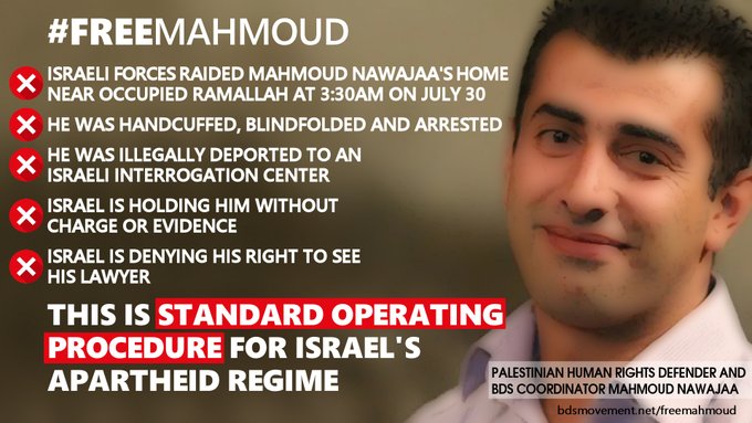 Necessitem la teva ajuda x a q el <a href="/MAECgob/">Ministerio de Asuntos Exteriores, UE y Cooperación</a> demani a Israel que alliberi al coordinador del @BdsMovimiento, qui va ser arrestat el passat dijous i a qui encara no se li ha permès veure un advocat. Procediment habitual en el règim d'apartheid israelià. 

👉 bit.ly/3guJXWU