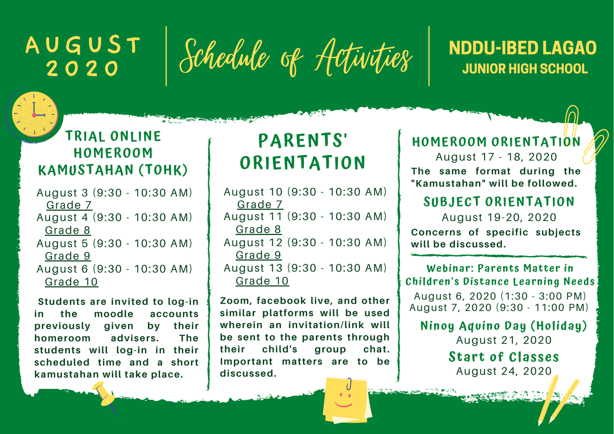 NDDUJHSSSC's tweet photo. Good day, Dameans! Here is the Schedule of Activities for the month of August. Please be guided.

 See you all online! 💛💚 https://t.co/yR1Bs2xnyh