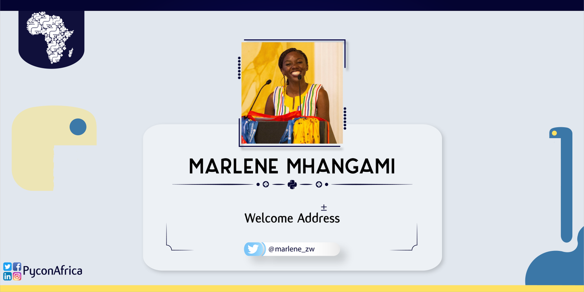 pyconafrica's tweet image. Happening now @marlene_zw delivers the welcome address to everyone joining us #PyconAfrica20 #PyExciting