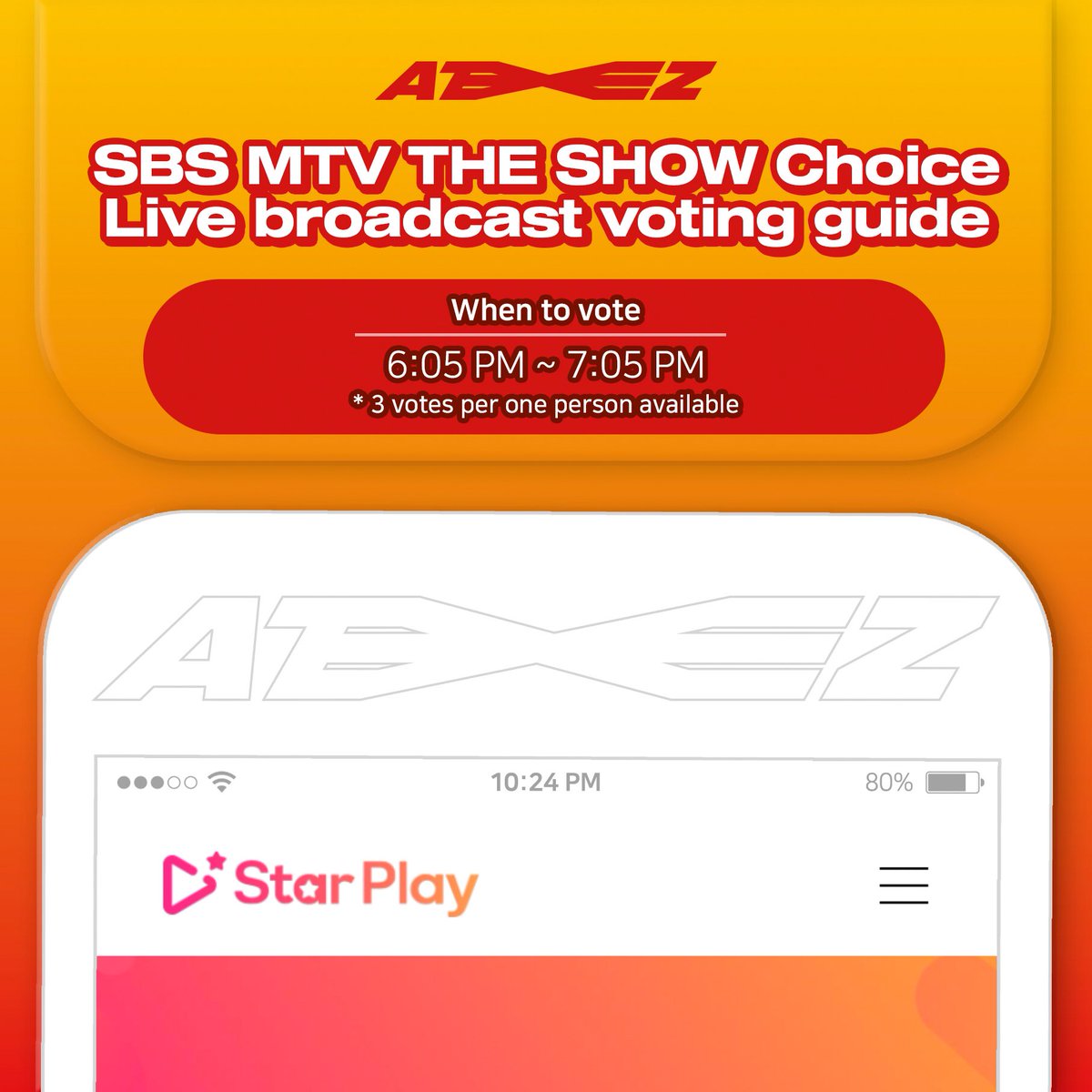 [📢] SBS MTV 'THE SHOW CHOICE' LIVE VOTING Announcement
⠀
ATEEZ is on the list of THE SHOW CHOICE🥳
One person can do a live voting up to 3 votes through StarPlay Application‼️
We look forward to get ATINY's lots of votes🔥
⠀
#FEVER_Part_1 #INCEPTION #ATEEZ #에이티즈