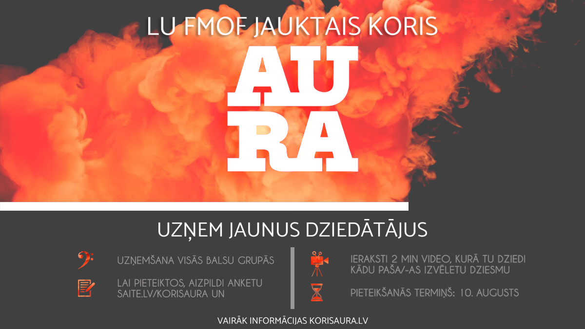 Vēl tikai nedēļu vari attālināti pieteikties uzņemšanai jauktajā korī AURA! Vairāk lasi: koris-aura.lv/#getInfo249