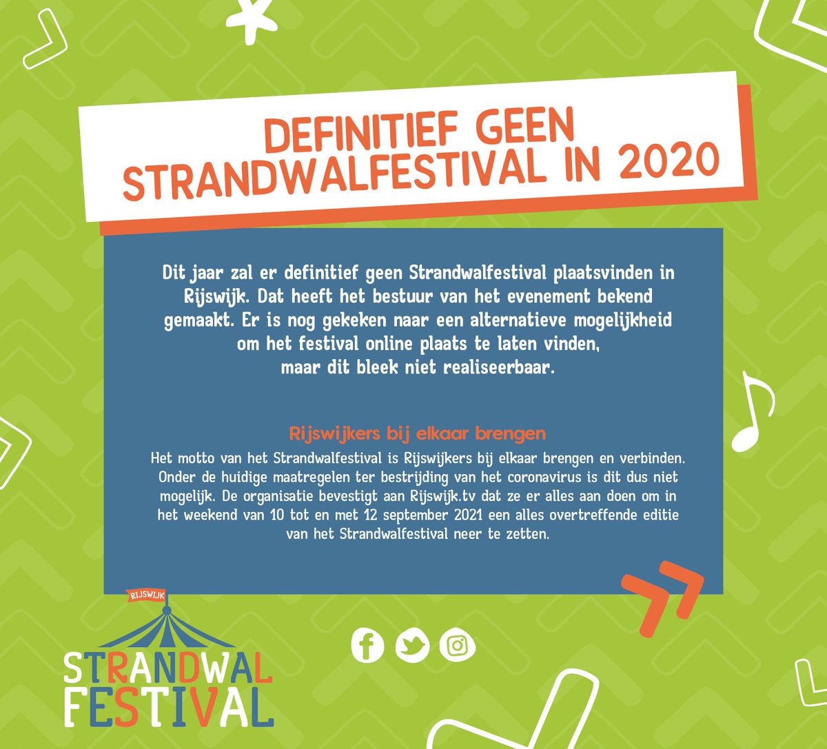 Strandwal's tweet image. Helaas geen Strandwalfestival 2020... De voorbereidingen voor Strandwalfestival 2021 gaan snel van start. Houd onze social media kanalen in de gaten! 

Wie zou jij volgend jaar graag op het Strandwalfestival willen zien?? Laat het ons weten in de comments hieronder. 👇🏽
