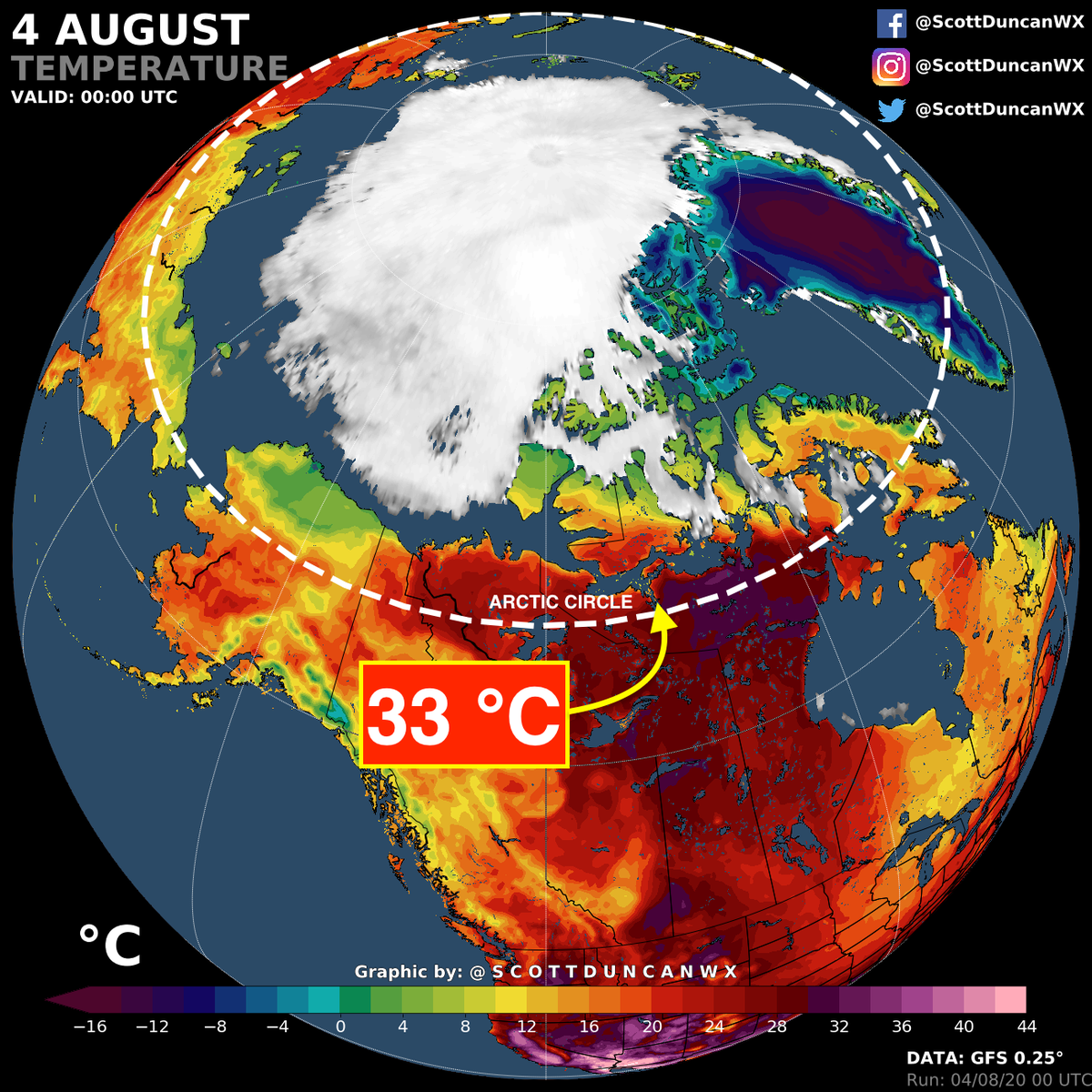 Not just Siberia with a heatwave right now.Some of the hottest parts of Canada right now are within the Arctic Circle. Recently + 33 °C was recorded at Bathurst Inlet (Nu) at latitude 66.8 ° N.