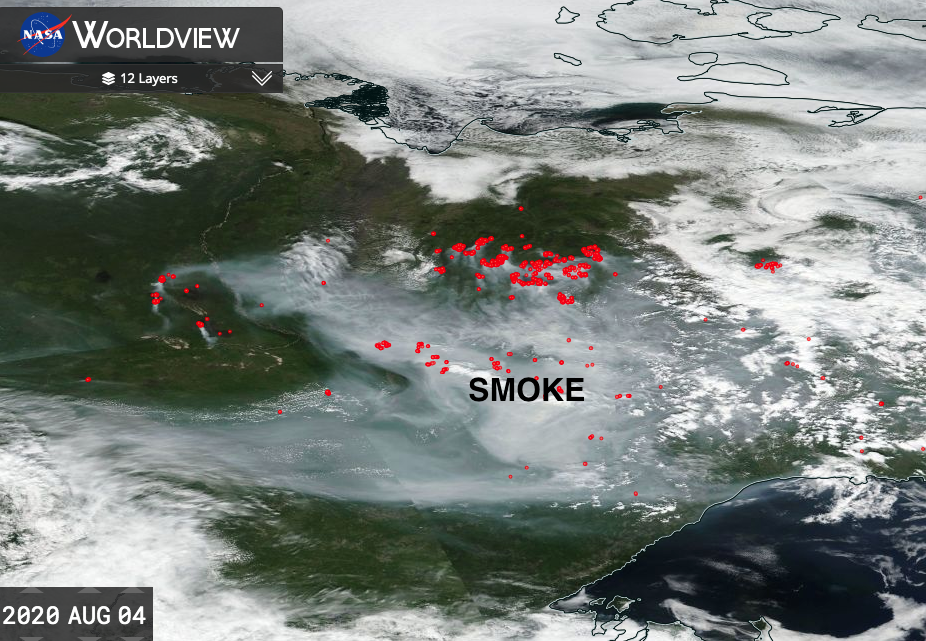 Back to Siberia... what about the smoke situation?Short answer: not good.This is the latest Siberian snapshot form space. The smoke plume is massive. Red dots indicate regions of active  #wildfire.