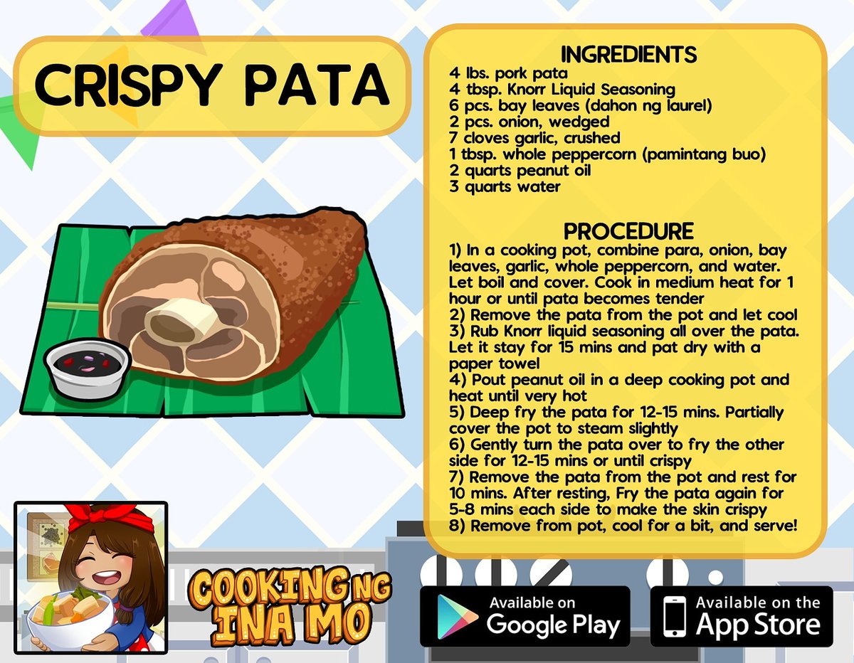 CRISPY PATA!

Google PlayStore - Android link:
play.google.com/store/apps/det…

Apple AppStore - iOS link:
apple.co/3gEGLIV

#RecipeOfTheDay #WordGame #CrispyPata #CookingNgInaMo #MobileGame #Pinoy #Cooking