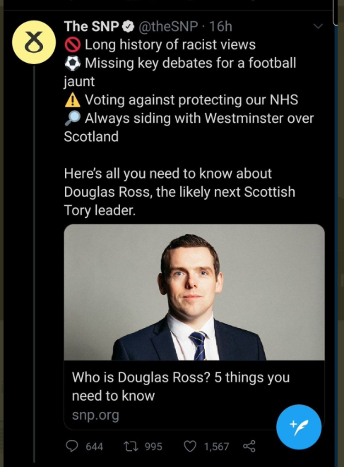 AgentP22's tweet photo. I see the SNP has deleted its Tweet saying @Douglas4Moray has a long history of racist views.
They have also removed their web page with the same claim.
Hopefully he will sue them. https://t.co/FN3Mjmb0tu