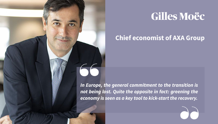 AXA's tweet image. A green investment plan is a way to signal that there is no automatic divorce between pursuing an economic growth strategy and curbing climate change. 
Read @MoecGilles's interview on how green investment can kick-start our economies: axa.foleon.com/axa-research-f…