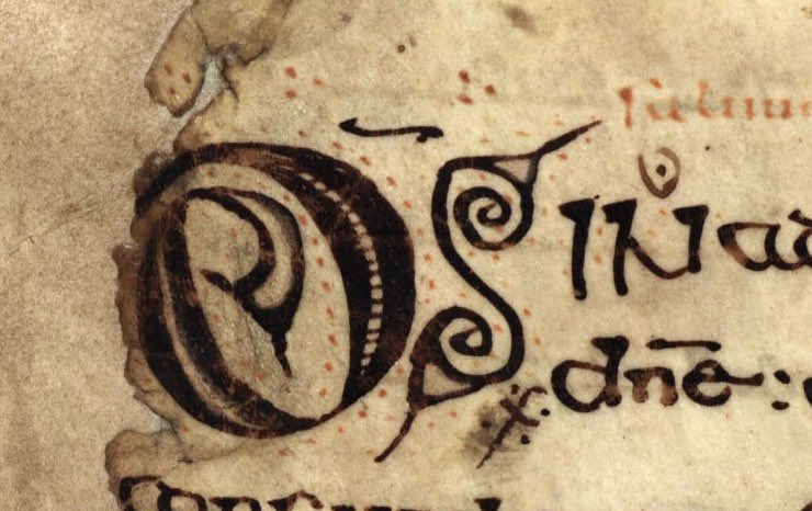 Apart from the rubric the only other colour in the manuscript are dots surrounding the initials - some are clearer to see than others. Remnants of white can also be detected in parts of the manuscript.