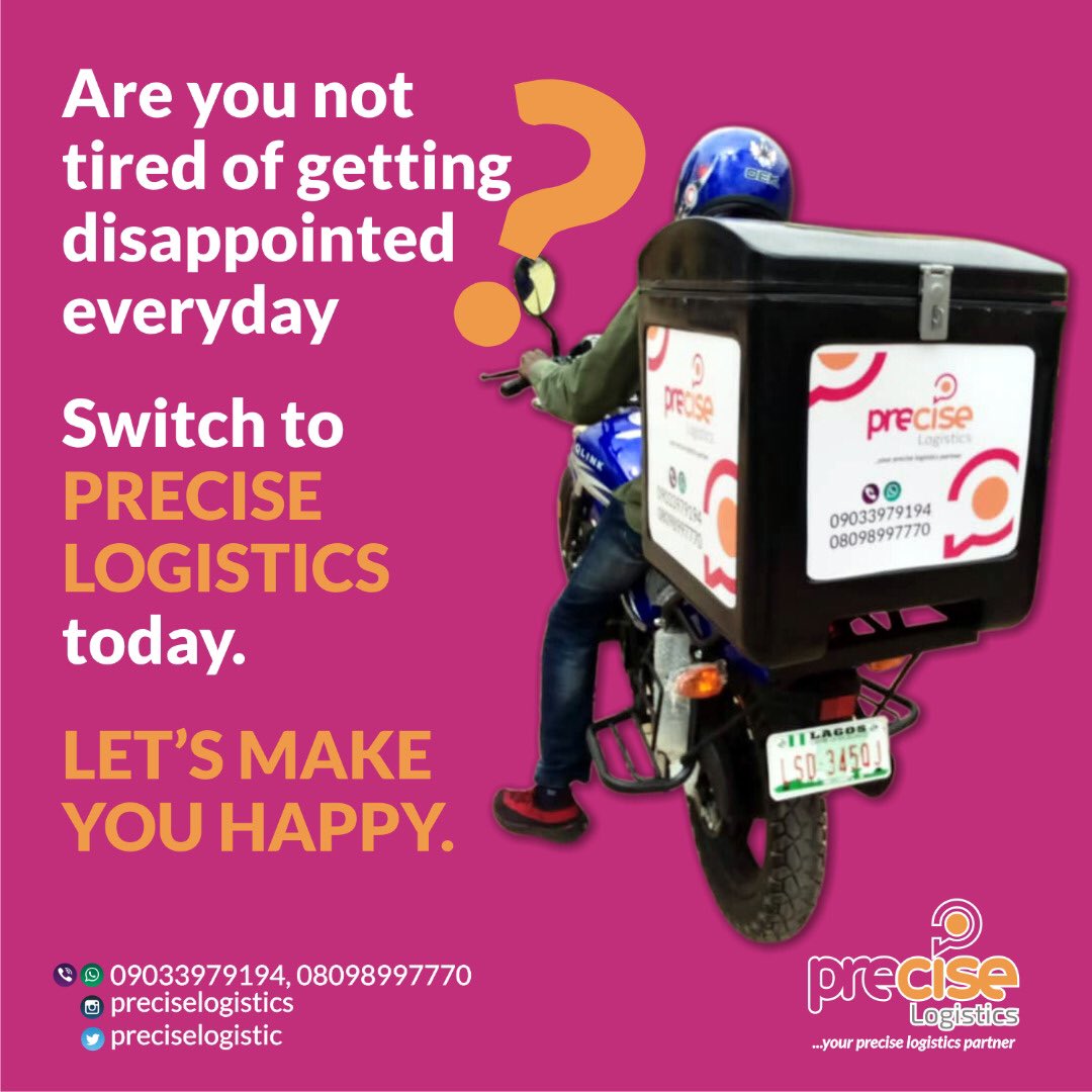 PreciseLogistic's tweet image. Have you been disappointed by dispatch riders?

Have you lost hope in delivery services?

Precise Logistics is here to treat you better.

Please click on the link in our bio to book our riders.

#PreciseLogistics #Delivery #Logistics #Dispatch #Lagos #TuesdayVibes