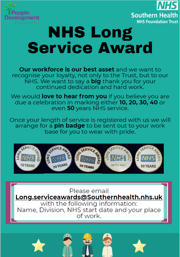 PeopleDevelopm1's tweet photo. 208 badges have been sent out to our incredible staff since Feb 2020. Have you received your long service badge to celebrate your 10/20/30/40 even 50 yearsβ service? If not, why donβt you follow the details on the poster to get your shiny badge to wear! @Southern_NHSFT @SHFTSarb https://t.co/Txqv4IL03l