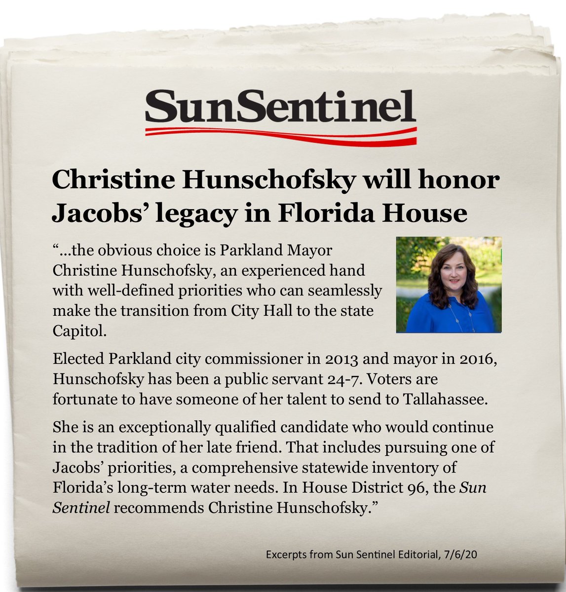 Thank you to the South Florida SunSentinel for your thorough vetting and interview process and for your endorsement for the Democratic Nomination for State Representative District 96 which includes Parkland, Coconut Creek, and parts of Margate and Coral Springs.