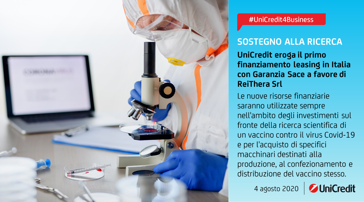 UniCreditEurope's tweet photo. #UniCredit4Business: @ReitheraS ha ricevuto da #UniCreditLeasing un finanziamento di 2,9 milioni interamente garantito da @SACEgroup per sostenere la ricerca scientifica di un vaccino contro #Covid19.
📌 #PartOfTheSolution
🗞️https://t.co/OfX7Dyywrn https://t.co/i90GvcLWda