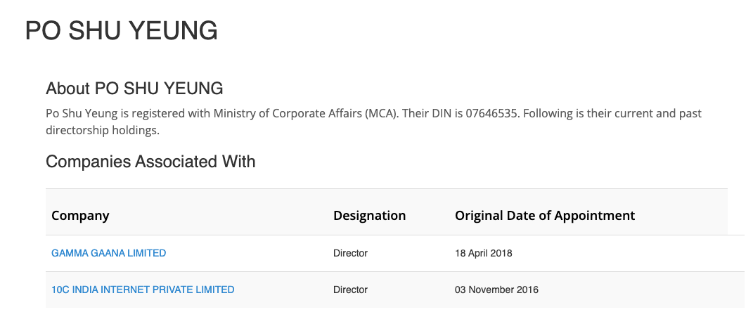 One of the Directors on board of Gamma Gaana Ltd. is a Chinese National named Po Shu Yueng.Incidentally, Po Shu Yueng also happens to be the Director of "10c India Pvt. Ltd."Fun Fact: 10c stands for "Tencent" - the Chinese company.(6/11)