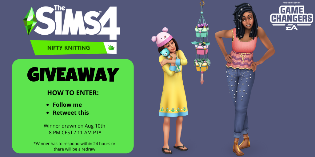 Ninnster00's tweet photo. ✨Giveaway✨

I'm giving away a copy of #Sims4 Nifty Knitting (PC/Mac)! Follow the rules as described below, and good luck to you all! 🤩 Winner drawn on Monday Aug 10th #TheSims #TheSims4 

Brought to you by #EAGameChangers https://t.co/Db1BzomFhs
