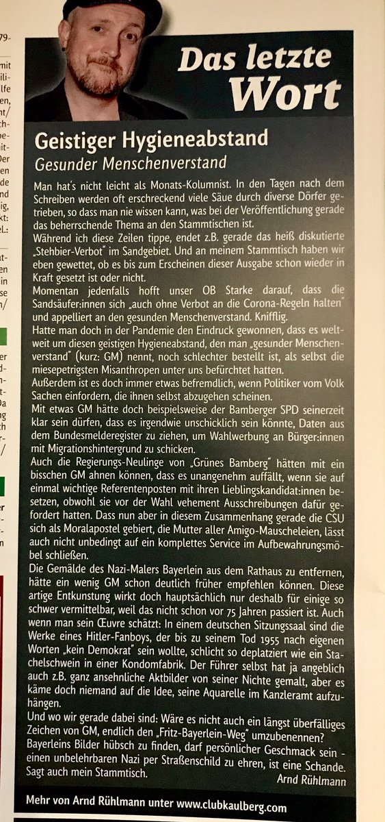 nana_theater's tweet photo. Meine aktuelle Kolumne - ab sofort in der neuen @fnbamberg.
Diesmal zu einem selten gewordenen Phänomen namens GM.
Übrigens: Die Wette habe ich - wenig überraschenderweise - gewonnen.
#Bamberg #Stehbier #Corona #Oberfranken #Stadrat https://t.co/9A934x8YAI