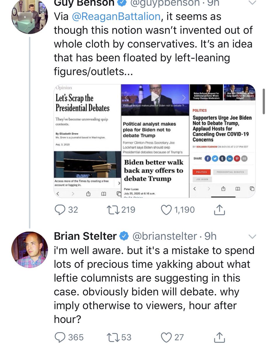 “Biden shouldn’t debate is a Fox News driven fantasy.” “Actually Brian, it’s not. Here’s proof from several outlets pushing that.”“Hey let’s not spend time yakking about it.”