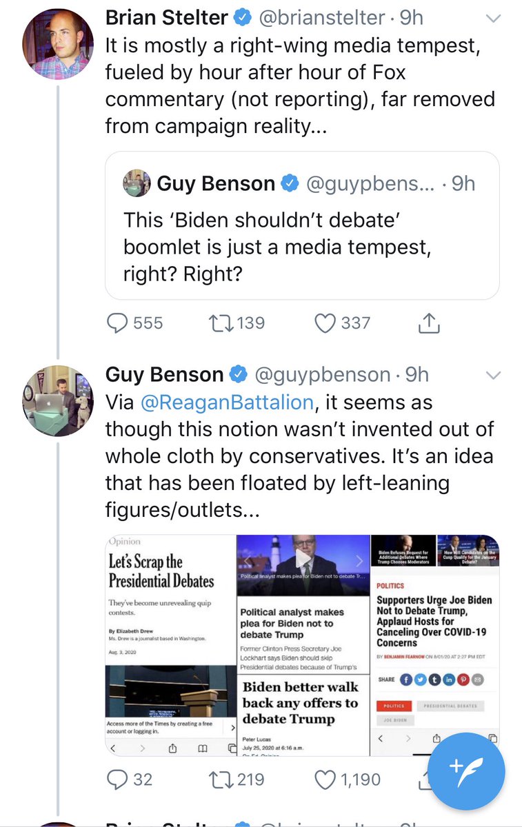 “Biden shouldn’t debate is a Fox News driven fantasy.” “Actually Brian, it’s not. Here’s proof from several outlets pushing that.”“Hey let’s not spend time yakking about it.”