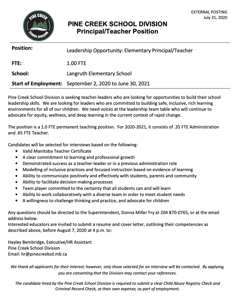 fryed's tweet photo. We're hiring!
Are you looking for a chance to try school administration? This position is a teaching principal in a small school on the west shore of Lake Manitoba.
Come learn with us!
https://t.co/94zZGvsJFX
@Pine_Creek_SD #mbed #mbedchat #pinecreeksd https://t.co/2SRDJvHI7w