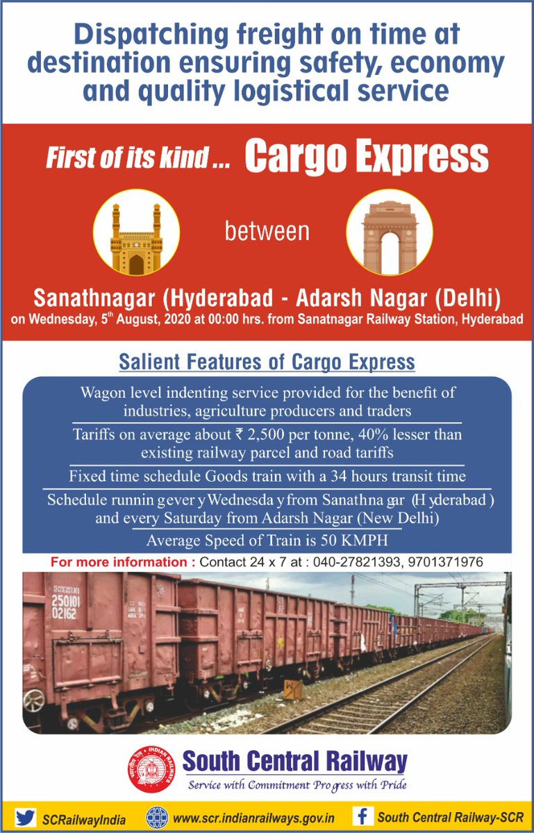 HybUnit's tweet photo. Introducing First of its' kind #CargoExpress between Sanathnagar of #Hyderabad and Adarsh Nagar of #Delhi from 5th August 2020 as a Pilot Project for a period of Six Months #freight #Transportation in piecemeal. @drmhyb @srdcmhyb @SrDOMhyb https://t.co/Zya7qSvmZ8