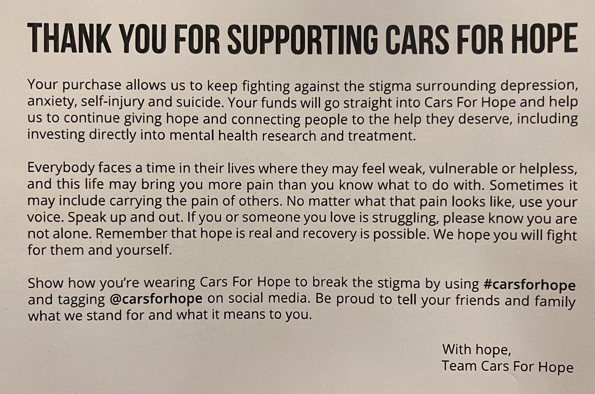 markstickells's tweet image. I’m proud of my youngest son, he’s put a #carsforhope sticker on his car tonight and explained to me the cause - supporting the fight against the stigma surrounding depression, self-injury and suicide