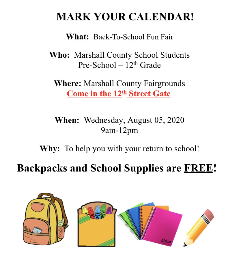 MCSWV's tweet photo. Reminder… The Marshall County Back-to-School Fun Fair drive-thru is tomorrow from 9:00 am until noon at the Marshall County Fairgrounds. Enter via 12th street. Everyone must remain in their vehicle. There are no income guidelines for a Marshall County student to participate. https://t.co/uQTKRuyTpr