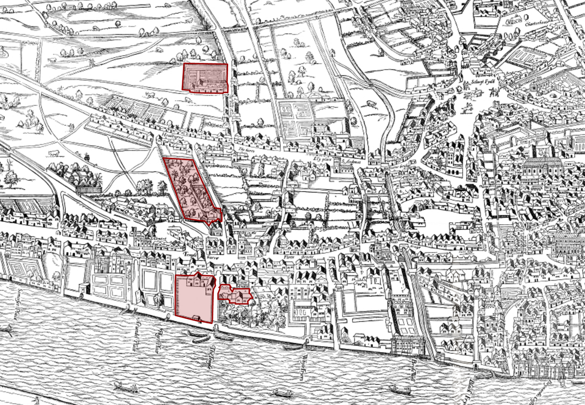 The Agas Map of Early Modern London has some lovely depictions of sites in legal London. Here are the four Inns of Court, for a start. I hadn’t realised just how far they were from the city centre - Gray’s Inn (top left) is positively rural! [1/7]