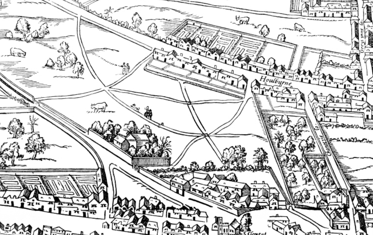 On the left is Lincoln’s Inn, with its fields and grazing cattle, and on the right is the Temple - inc. Temple Bar, Temple Church, and the wharf where lawyers would have hired boats to travel to court… [2/7]